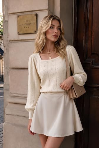 Image of HOTOUCH Sweaters for Women 2026 Fall Trendy Tops Casual Puff Sleeve Square Neck Cute Tunic Pullover Blouses XS-XXL