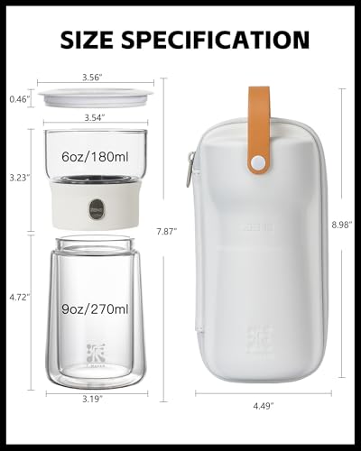 Image of ZENS Modern Tea Pot, Glass Teapot with Infusers for Loose Tea Diffusers with One Touch Pouring, Cool Portable Tea Maker with Insulated Tea Mug and Travel Tea Kits for Tea Lover Gifts