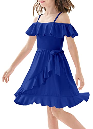 Mebius Girls Summer Off Shoulder Dresses Flowy Twirl Spaghetti Strap Ruffle Cute Casual A-Line Dress With Pockets Blue 08Y #TOP2