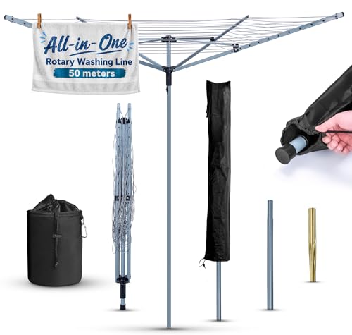Image of Heavy Duty Rotary Washing Line Outdoor, 4 Arm 50M Washing Line Rotary with Peg Bag, Metal Ground Spike, and Cover Included, Rotary Clothes Lines for Outside, Whirlygig Clothes Airer Outdoor