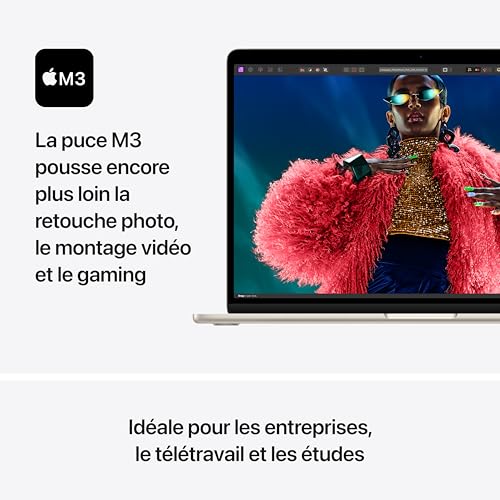 Apple 2024 Portable MacBook Air 15 Pouces avec Puce M3 : écran Liquid Retina 15,3 Pouces, 8 Go de mémoire unifiée, 512 Go de Stockage SSD, Clavier rétroéclairé, Touch ID. Lumière stellaire