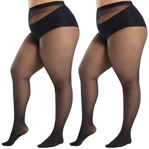 WiliW 2 Pairs Plus Size Sheer Tights for Women 40D T-Crotch Ultra Thin Pantyhose High Waist Stockings