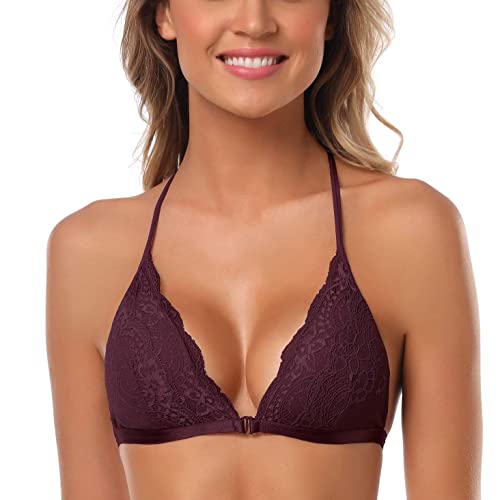 SHEKINI Women s Lace Bra Wireless Padded Triangle Bralettes for Women Front Closure Halter Bras for Women Burgundy
