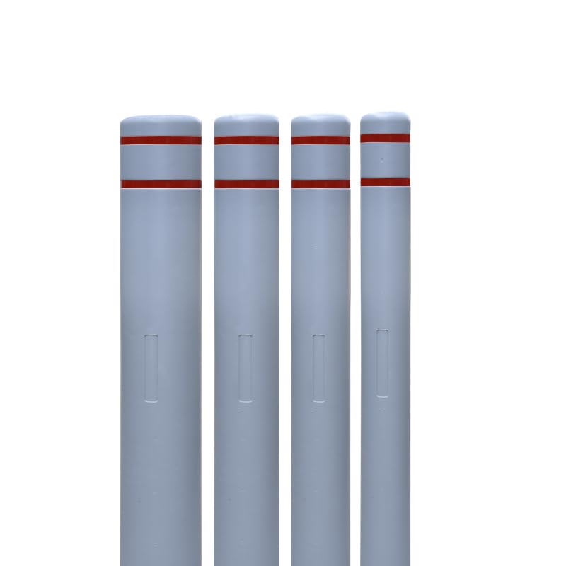 4"x46" Grey Bollard Covers - High-Visibility with Reflective Tape & Built-in Sponge, HDPE Plastic Slip-On Covers for Warehouse Aisle, Parking Lot, Outdoor Safety.