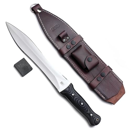 GCS Handmade D2 Steel Survival Tactical Hunting Dagger Black & White G10 Handle with Brown Leather Right or Left Hand Horizontal Fixed Blade Knife Sheath & Sharpening Stone GCS268 - GCS Knives