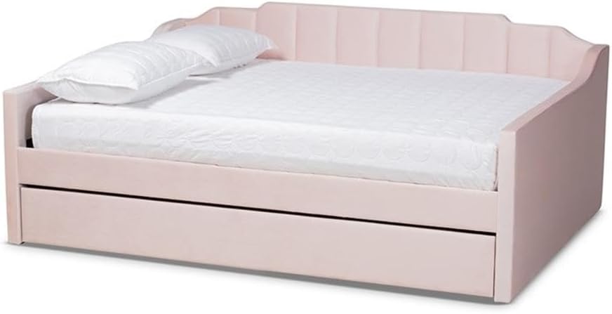 BOWERY HILL Pink Velvet Queen Size Daybed with Trundle, Channel Tufted Upholstery, Foam Padded Wood Frame, Includes Twin Size Pull Out Trundle, Elegant Bedroom Furniture, 85.4 in Wide