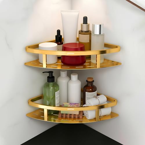 Image of Plantex Corner Shelf for Bathroom Wall /304 Grade Stainless Steel Bathroom Corner Shelf Rack /Bathroom Racks and Shelves /Multipurpose Bathroom Accessories Set Pack of 2 (PVD Gold,9x9 Inches)