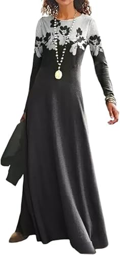 Women's Boho Floral Maxi Dress Vintage Abstract Printed Crewneck Long