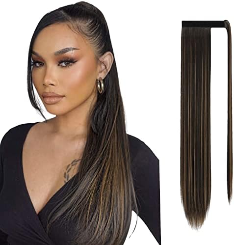 Sofeiyan Long Straight Ponytail Extension 26 inch Wrap Around Ponytail Synthetic Hair Extensions Clip in Ponytail Hairpiece for Women, Darkest Brown & Dark Auburn Mixed