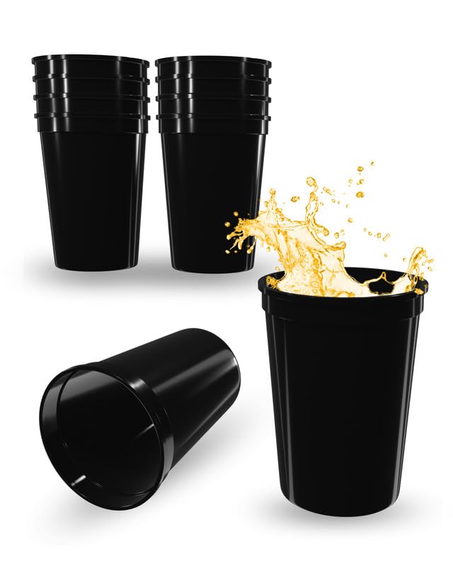 PartyPrints 10 Pack 10 to 12 oz Black Reusable Blank Plastic Cups, Stadium Cups Bulk – BPA Free Dishwasher Safe Party Cups, Colored Cups Perfect for Party, Wedding, Birthday Graduation, Clubs