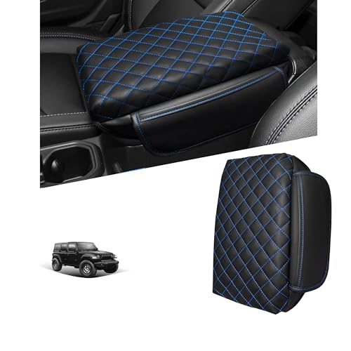 Center Console Cover for Jeep Wrangler JL 2018-2026 & Gladiator JT 2020-2026 1.2in Thickness Armrest Cover Leather Arm Rest Lid Protector Cushion Pad with Stroage Pockets Interior Accessories (Blue)