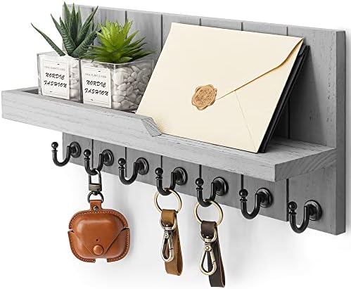 Rebee Vision Decorative Key and Mail Holder for Wall - Farmhouse 15 Inches Floating Shelf with 7 Sturdy Key Hooks for Home Entryway Wall Decor - Rustic Key Racks (Gray)