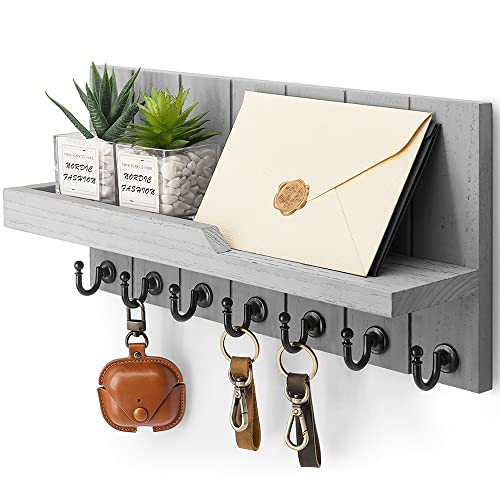 Rebee Vision Decorative Key And Mail Holder For Wall - Farmhouse 15 Inches Floating Shelf With 7 Sturdy Key Hooks For Home Entryway Wall Decor - Rustic Key Racks (Gray) #TOP8