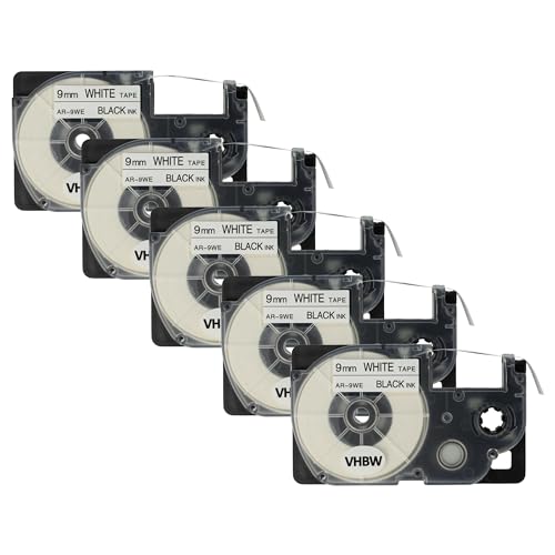 vhbw 5X Label Tape Replacement for Casio XR-9WE, XR-9WE1 for Label Printer 8m x 9 mm, Black on White