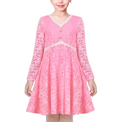 Sunny Fashion Mädchen Kleid Rosa Spitze Prinzessin V-Ausschnitt Hochzeit Party Formal Langarm Gr. 122,Hell-Pink,122