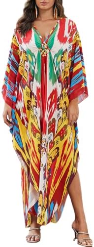 Bsubseach Women Loose Colorful Beach Cover Up Kaftan Dress Short Sleeve Swimsuit Cover Ups