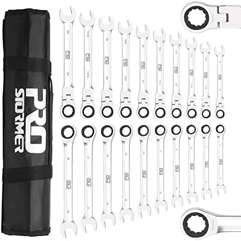 Prostormer 20-Piece SAE and Metric Ratcheting Wrench Set, Chrome Vanadium Steel Combination Ratchet Wrench Kit with Portable Roll-Up Canvas Bag (10Pcs Flex-Head + 10Pcs Fixed Head)