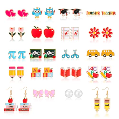 20 Pairs Teacher Earrings for Women Cute Apple Pencil Book Stud Earrings Set for Back to School Graduation Appreciation Gifts Fun Teacher Jewelry