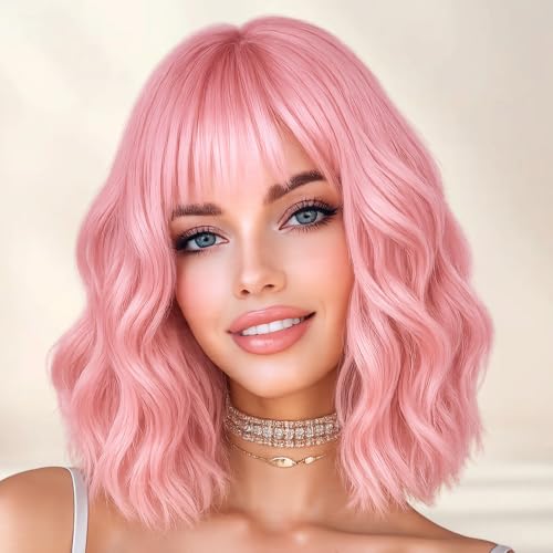 Miuric Pink Wig for Women Short Pastel Wavy Wigs Curly Bob Wigs with Bangs
