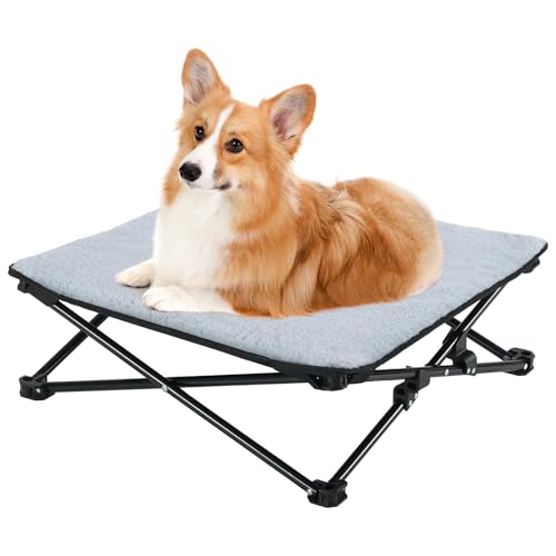 Veehoo Foldable Elevated Dog Bed 2 in 1 Portable Dog Cot with Removable Reversible Cotton Pad Travel Outdoor Raised Dog Bed Camping Dog Hammock Bed Winter and Summer Use CWC2454CP
