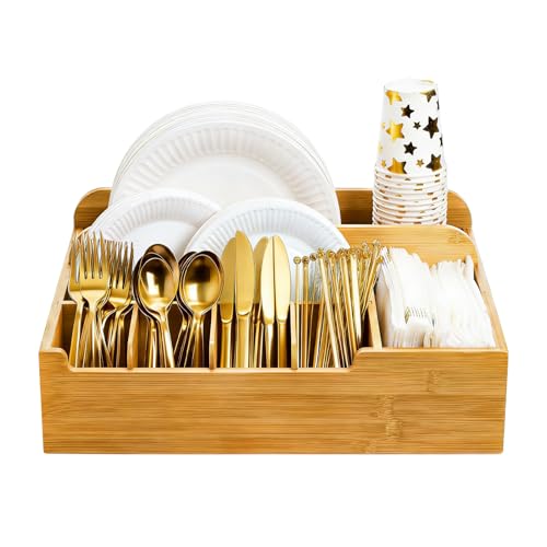 Frcctre Bamboo Utensil Caddy Organizer, 8 Compartments Large Paper Plate Holder, Adjustable Utensil Holder Silverware Cutlery Organizer for Plate Cup Fork Spoon Napkin, 16" L x 13" W x 5.5" H by Frcctre - Used condition - US$25.49