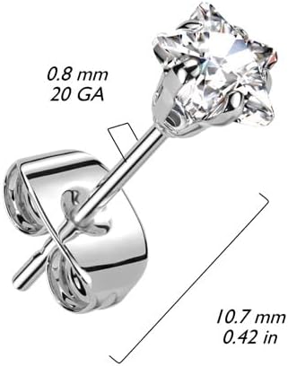 20GA 316L Stainless Steel Prong Set CZ Crystal Star Stud Earrings, Sold as a Pair