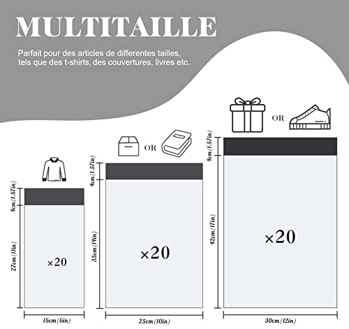 Weiß Versandtüten aus Plastik mitThank You,60 Stück Versandtaschen in 3 Größen,A3 B4 C5 Versandbeutel Plastik Selbstklebend und Blickdicht für Kleidung und Textilien(15 x 27/25 x 35/30 x 42cm)