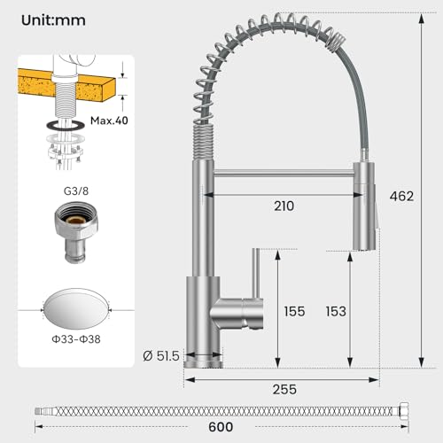 Cecipa Rubinetto Lavello Cucina, Miscelatore Cucina Con Doccetta Estraibile, Rubinetto Cucina Con Due Tipi Di Getto D'acqua, Miscelatore Lavello Cucina Ad Arco Alto, Acciaio Inossidabile Spazzolato - 2