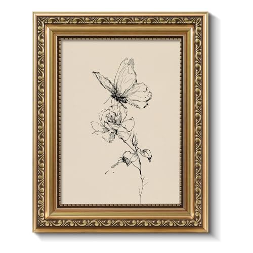 ARPEOTCY Vintage Botanical Butterfly Wall Art, Framed Minimalist Black White Line Sketch Canvas Print, Antique Flower Illustration Decor for Bedroom Living Room Gallery Wall, 8x10 Inch