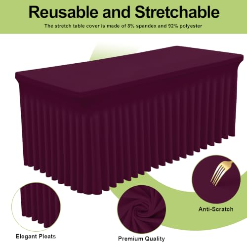 Image of Smiry 2 Pack Spandex Elastic Fitted Table Cloth Skirt for 8FT Table | Stretch Washable Table Cloth, Banquet Table Cover for Wedding, Party, Indoor & Trade Shows, (Jujube Red, 96Lx30Wx30H)