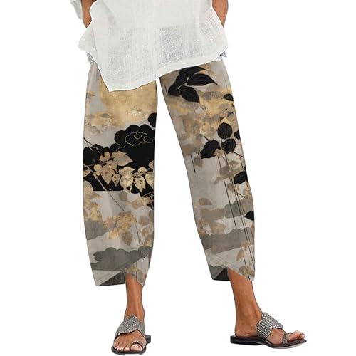 Women's Capri Pants Japanese Art Style Pine Tree Print Pants Summer Dressy Casual High Waist Cropped Wide Leg Trousers