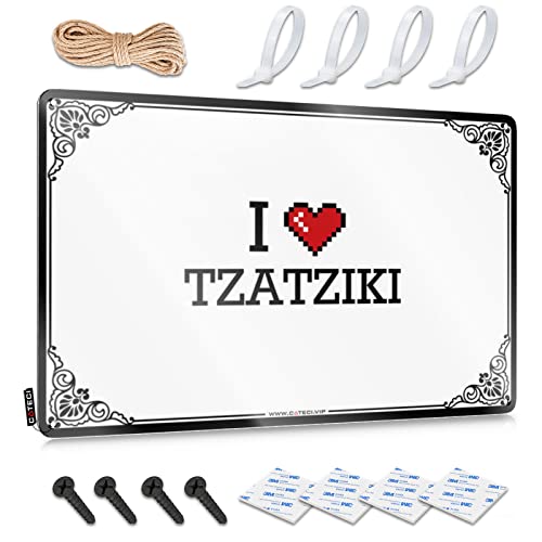 Letrero de metal de estaño con texto en inglés 'I Love Tzatziki', letrero de estaño para decoración de escritorio divertido (30 x 40 cm)
