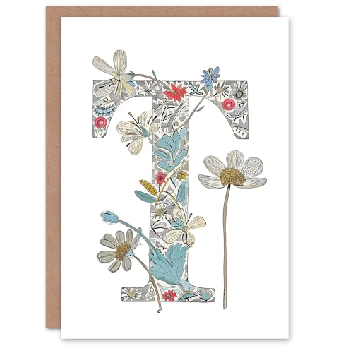 Artery8 Greeting Card Letter T in Wildflowers Flowers Pretty Cute Floral Alphabet Florist For Her Birthday Mum Wife Woman Friend