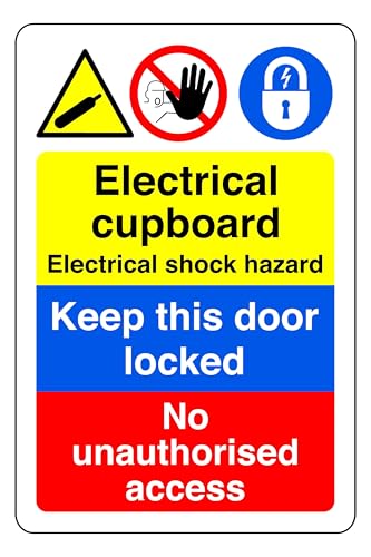 Image of Electrical Cupboard Electrical Shock Hazard Keep This Door Locked - safety sign - 1.2mm Rigid plastic for indoor/outdoor usage (200mm x 150mm) Viewing Distance within 5m.