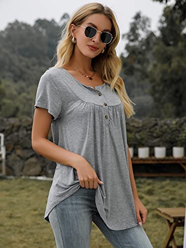 Amclos Womens Tops V Neck T-Shirts Swing Ruffle Blouses Button Up Tunic Casual Flowy Henley Short Sleeve (Small, Gray) #TOP5