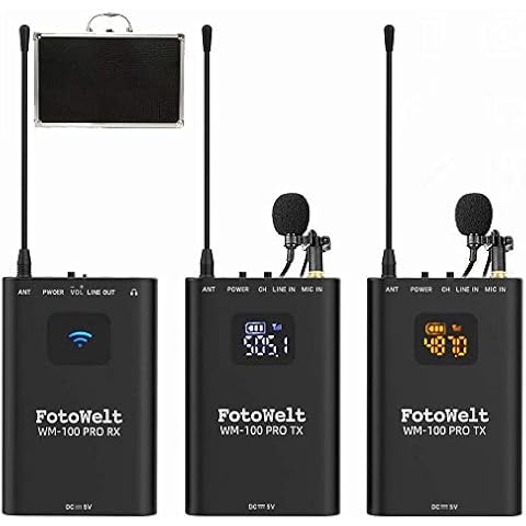 fotowelt WM100 PRO Dual Channel 4 Channels UHF Metal Professional Wireless Lavalier Microphone System Compatible for Canon Nikon Sony Panasonic D/SLR Camera,XLR Camcorder & Smartphone (50m-164foot) Cover
