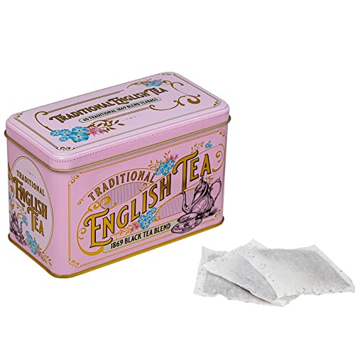 New English Teas Vintage Victorian Tea Tin in Pink with 40 English Breakfast 1869 Blend Teabags