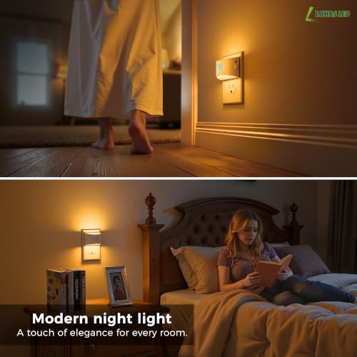 Image of L LOHAS LED Motion Sensor Night Light, Night Lights Plug into Wall, Amber | Plug in Night Light with Dusk to Dawn Sensor, 30-100lm Adjustable Brightness, White Housing 2 Pack