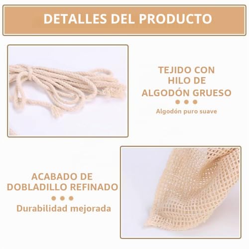 Miniatura 4 de Funalix Juego De 6 Bolsas De Malla Para Verduras De Algodón, Bolsa De Malla Reutilizable Con Cordón De Algodón Orgánico, Para Compras, Almacenamiento De Frutas 3 Tamaños Beige