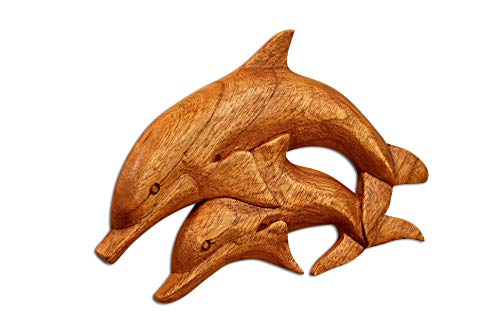 G6 Collection Wooden Dolphin Wall Art Decor Plaque Hanging Sculpture Hand Carved Accent Handcrafted Handmade Seaside Tropical Nautical Ocean Coastal Wood Home Wall (2 Dolphins) #TOP1