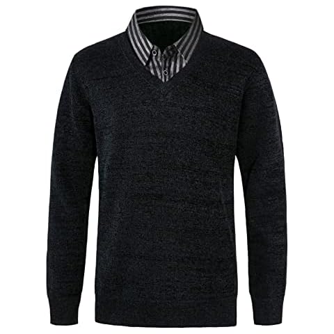 Btmpmcs Mens Plain V Neck Jumpers Casual Slim Fit Knitwear Pullover Sweaters Long Sleeve with Mock Shirt Collar Insert Knitted Sweatshirt Shirts Tops Black Cover