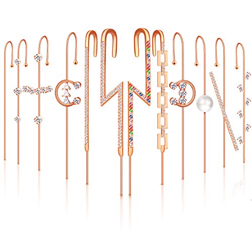 12 Pieces Ear Cuff Wrap Crawler Hook Earrings Simple Crawler Earrings Rhinestone Ear Clip Hook Climber Earrings for Women Valentine's Day Birthday Party (Rose Gold)