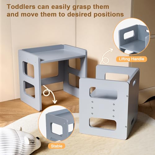 Fun Memories Montessori Weaning Table and Chair Set for Toddler and Baby, Kids Table and Chair Set- Solid Wood Toddler Furniture with Adjustable Height, Step Stool, for 1-3 Year Old Kids - Grey