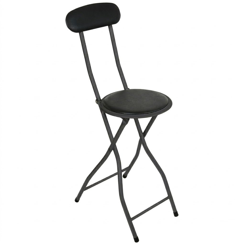 SuperGift.com Black Round Compact Padded Folding High Back Stool Chair Back Rest For Breakfast, Office Stool, Folding Kitchen Stool, Desk Stool, Foldable Bar Stools