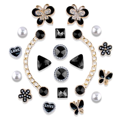 GIYAWA 20Pcs Shiny Crystal Plastic Shoe Charms Kit Butterfly Flower Styles with Rhinestones Pearls for DIY Footwear Decor Party Looks Daily Use(Black)