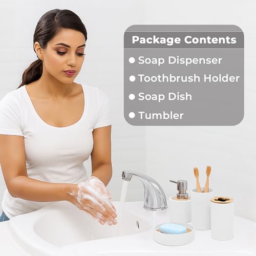 Image of Story@Home 4 Pieces Bathroom Accessories Set | Toothbrush Holder, Soap Dispenser, Mouth Wash Cup & Soap Dish for Home Kitchen & Bathroom | Bathroom Essentials for Office - Ash White