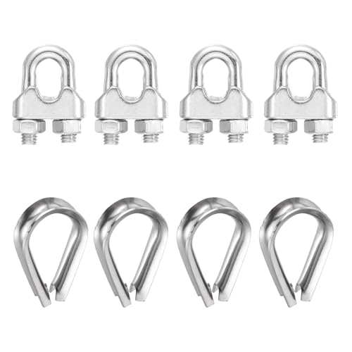 sourcing map Juego de 4 abrazaderas de clip para cable de cuerda de alambre de 1/4 pulgadas M6 pequeñas de acero inoxidable 304 con dedal para aparejo seguro, tendedero para valla de tendedero, color