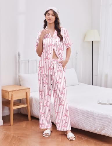 Image of Ekouaer Silk Satin Pajamas for Women Set 2 Piece Short Sleeve Button Up Pjs