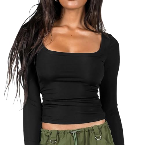T-shirt col carré noir XL top ajusté et souple vêtements femme