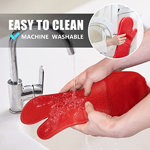Rorecay Extra Long Oven Mitts and Pot Holders Sets: Heat Resistant Silicone Oven Mittens with Mini Oven Gloves and Hot Pads Potholders for Kitchen Baking Cooking, Quilted Liner, Red, Pack of 6